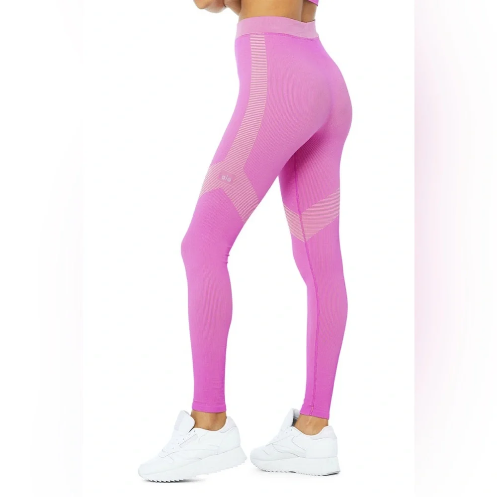 Alo Illusion Seamless High-Waist Leggings Limited Electric Violet/Acid Lime - Picture 1 of 9